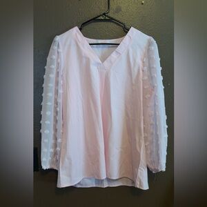 Women’s Light Pink V-Neck Blouse with Textured Sheer Sleeves